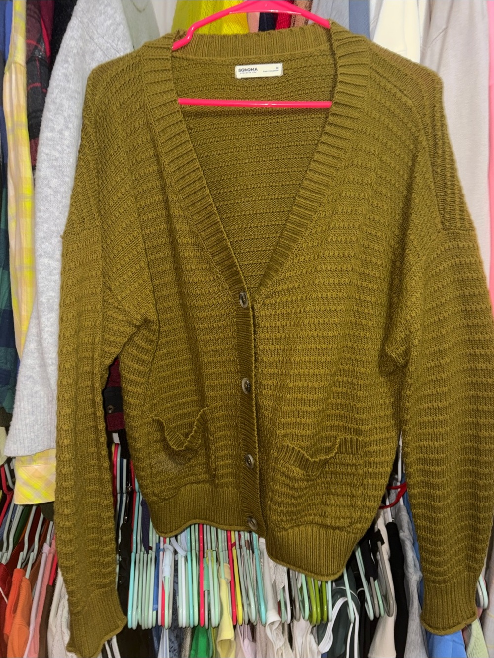 Sonoma Mustard Olive Button-Up Women's Cardigan